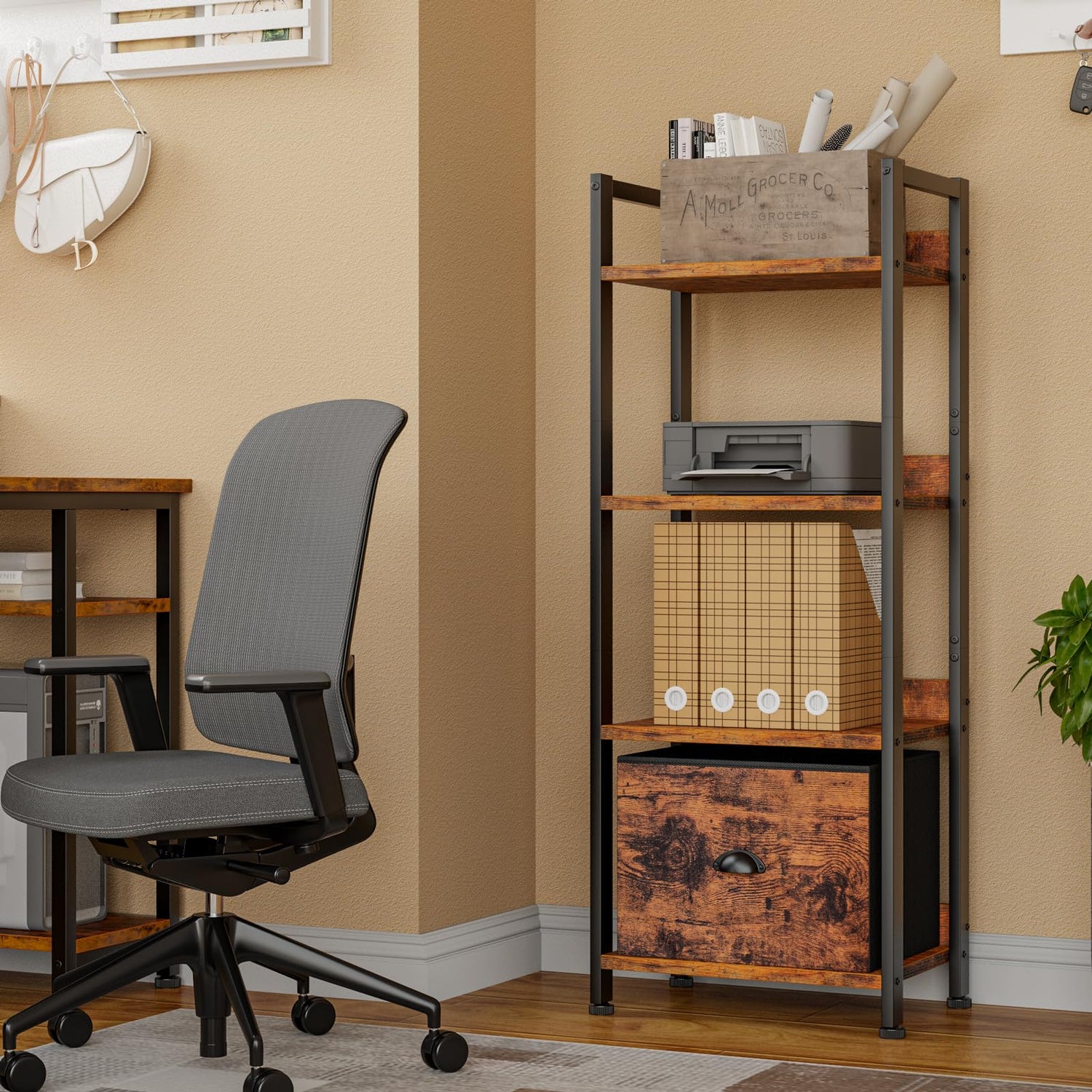 Furologee Rustic 4 Tier Industrial Bookshelf with Removable Drawer Furologee