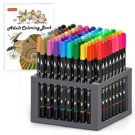 Shuttle Art Dual Tip Brush Pens Art Markers, 96 Colors Fine and Brush Dual Tip Markers Set with Pen Holder & 1 Coloring Book for Kids Adult Artist Shuttle Art