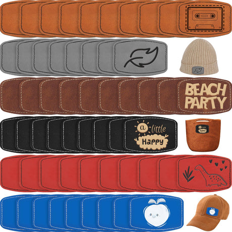 Dunzy 60 Pcs Blank Leatherette Hat Patches with Adhesive Rustic Leatherette Rounded Rectangle Patch Faux Leather Patches for Hats Costumes Fabric Dunzy