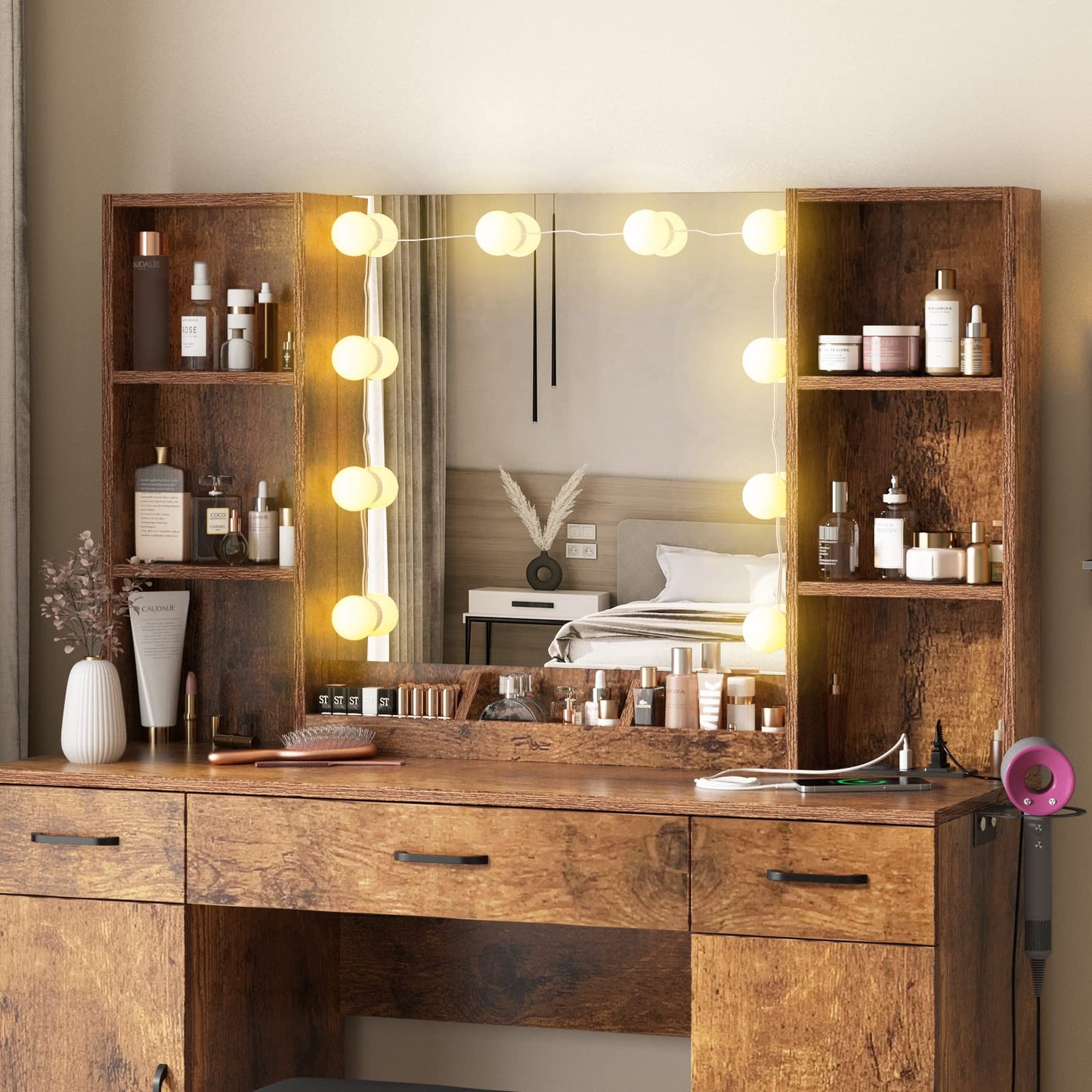Vabches Makeup Vanity Table with Lighted Mirror & Power Strip, Large Vanity Set Vanity Desk with Lots Storage, 3 Lighting Modes, Brightness