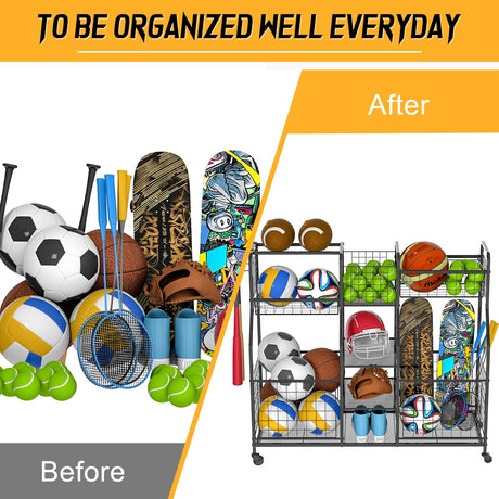Garage Sports Equipment Organizer, Ball Storage Rack, Garage Organizer System, Indoor/Outdoor Sports Rack, Rolling Sports Ball Storage Cart with LUMAMU