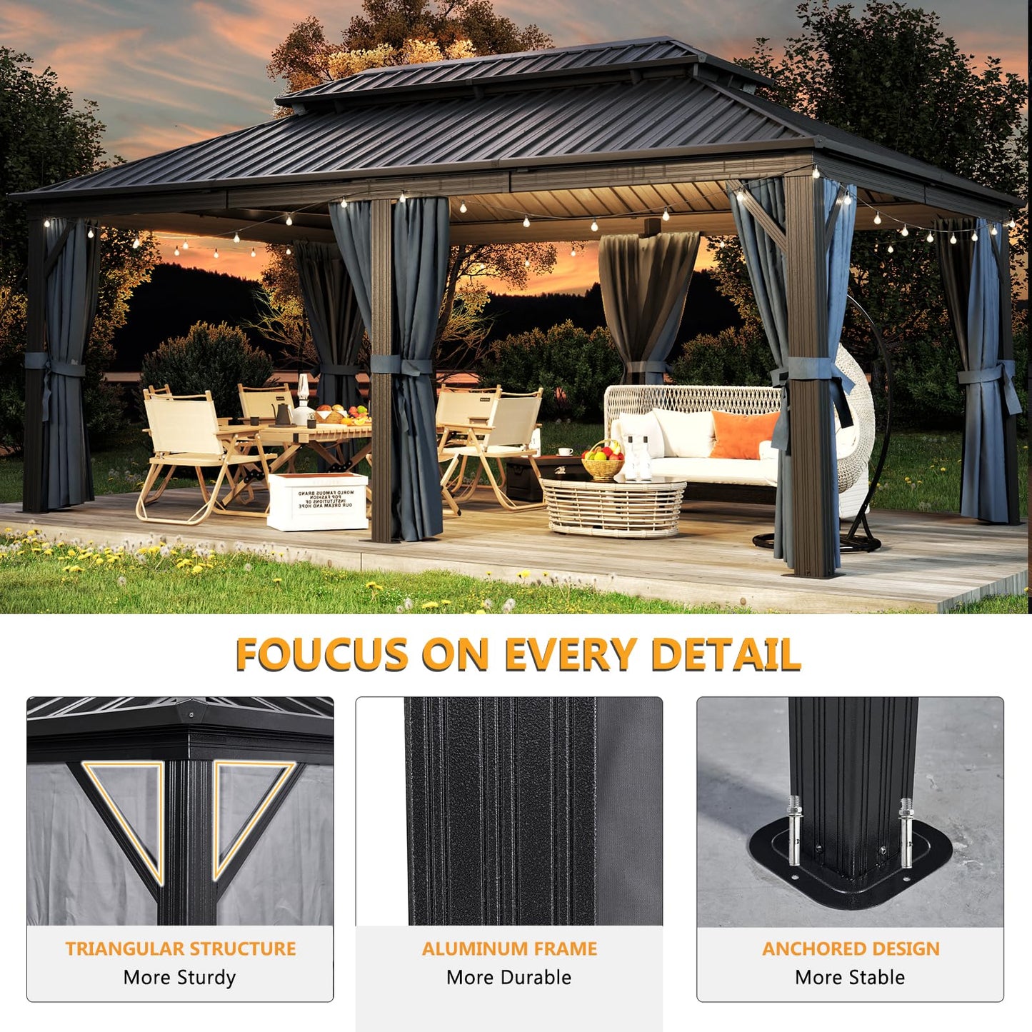 Jolydale 12FT X 20FT Hardtop Gazebo, Galvanized Steel Dual-Layer Top, Aluminum Metal Gazebo with Netting and Curtains, Permanent Gazebo Pavilion for