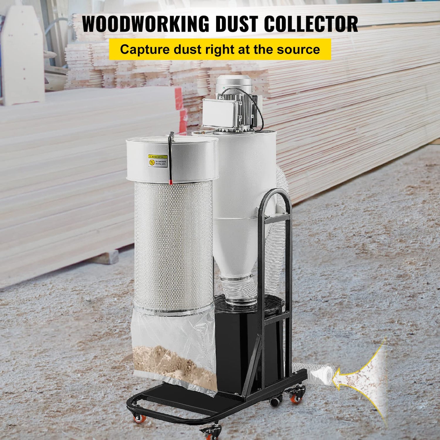 VEVOR 2 HP Dust Collector, Portable Cyclone Dust Collector, 1,500 CFM Woodworking Dust Collector with 13.2-Gallon Collection Drum and Mobile Base, VEVOR