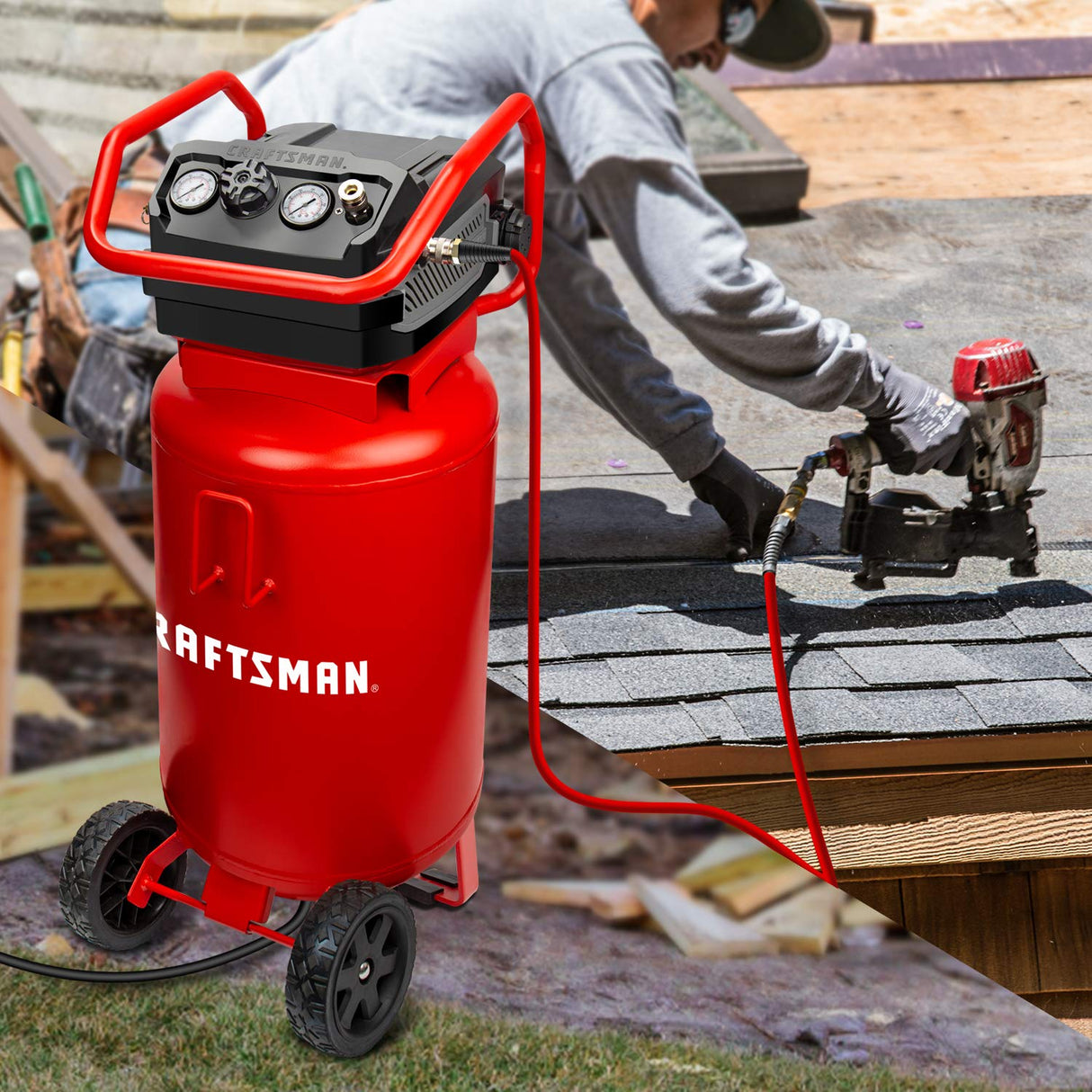 Craftsman Air Compressor, 20 Gallon Oil-Free 1.8 HP Max 175 PSI Pressure Two Quick Couplers Big Capacity, Red- CMXECXA0232043 Craftsman