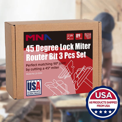 MNA 45 Degree Lock Miter Router Bit 3-Piece Set, for 1/2”, 5/8”, 3/4” Cutting Height, 1/4 Inch Shank. Easy to Create Lock Miter Joint - WoodArtSupply