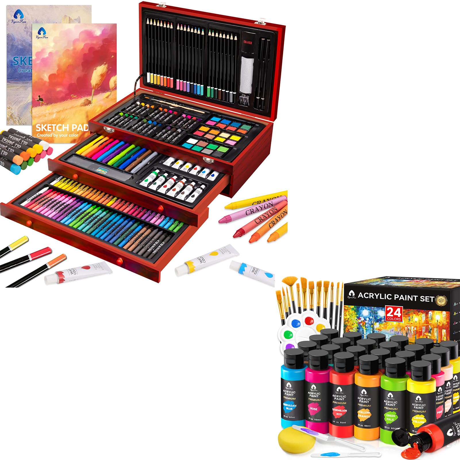 VigorFun Deluxe Wooden Art Set & 40 PCS Acrylic Paint Set - WoodArtSupply