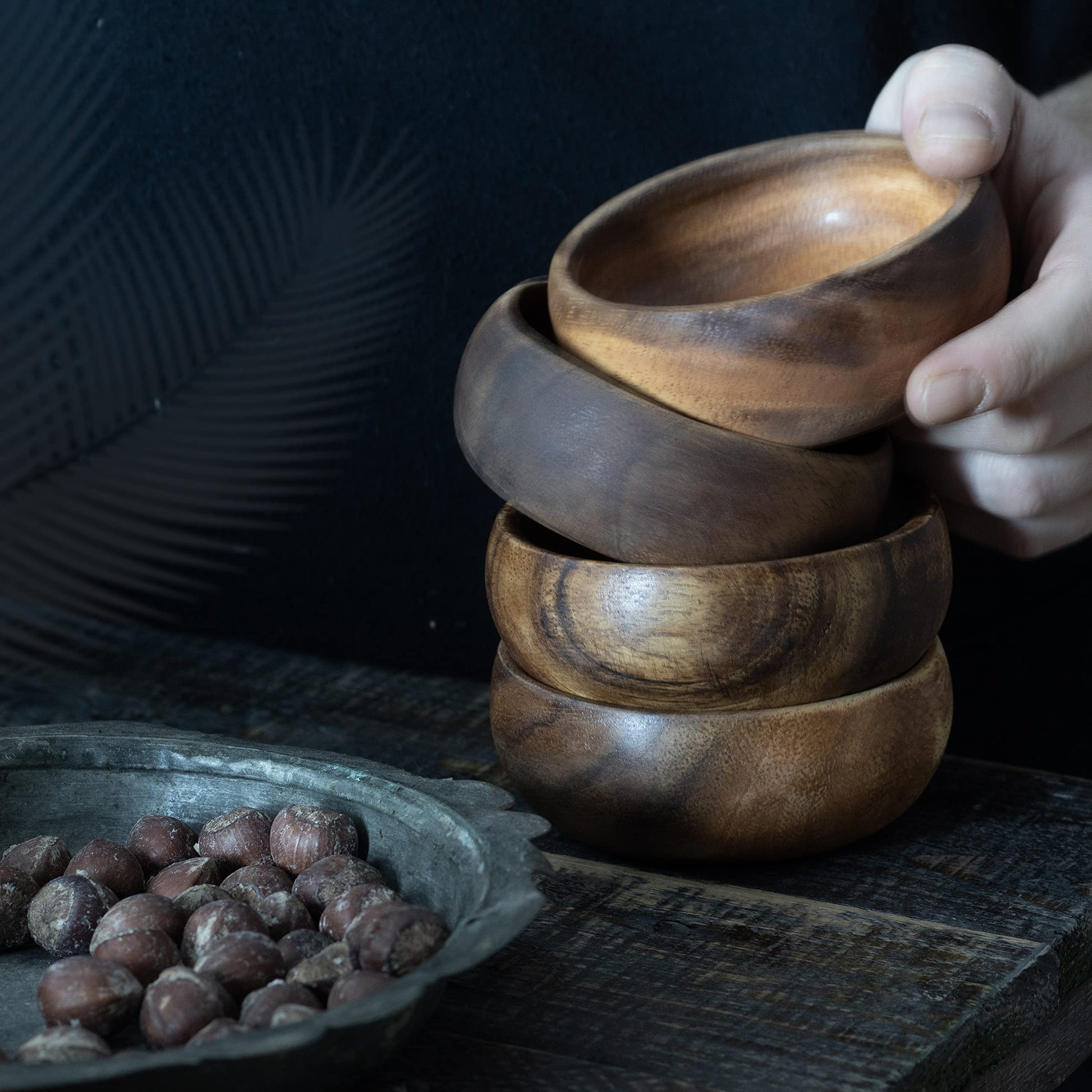 cintika Hand-Carved Set of 4 Acacia Calabash Bowls with Baguette Tray. Durable Wooden Bowl Set. Snack, nut, dip bowl. - Wooden Dinnerware set. 4" - WoodArtSupply