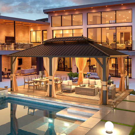 EROMMY 12'x20' Hardtop Gazebo, Galvanized Steel Metal Double Roof Aluminum Gazebo with Curtain and Netting, Brown Permanent Pavilion Gazebo with EROMMY