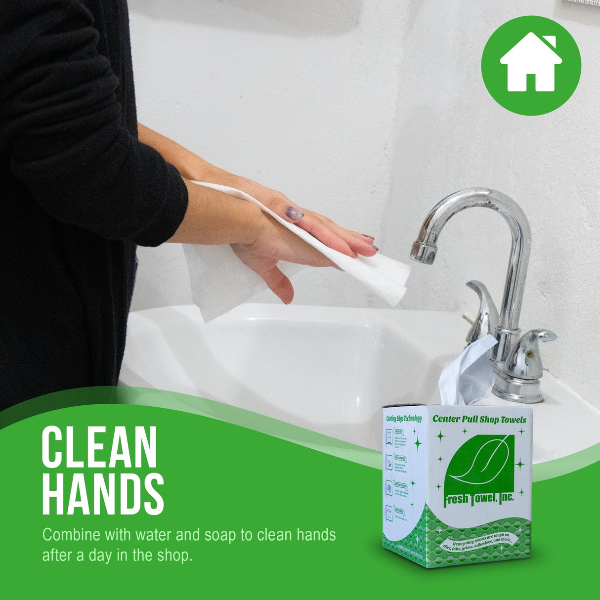 Fresh Towel Ultra Strong Center Pull Shop Towels - (1 Box of 300) Disposable Cleaning Towels - White, 9 x 12 inches - FT500 Fresh Towel, Inc.