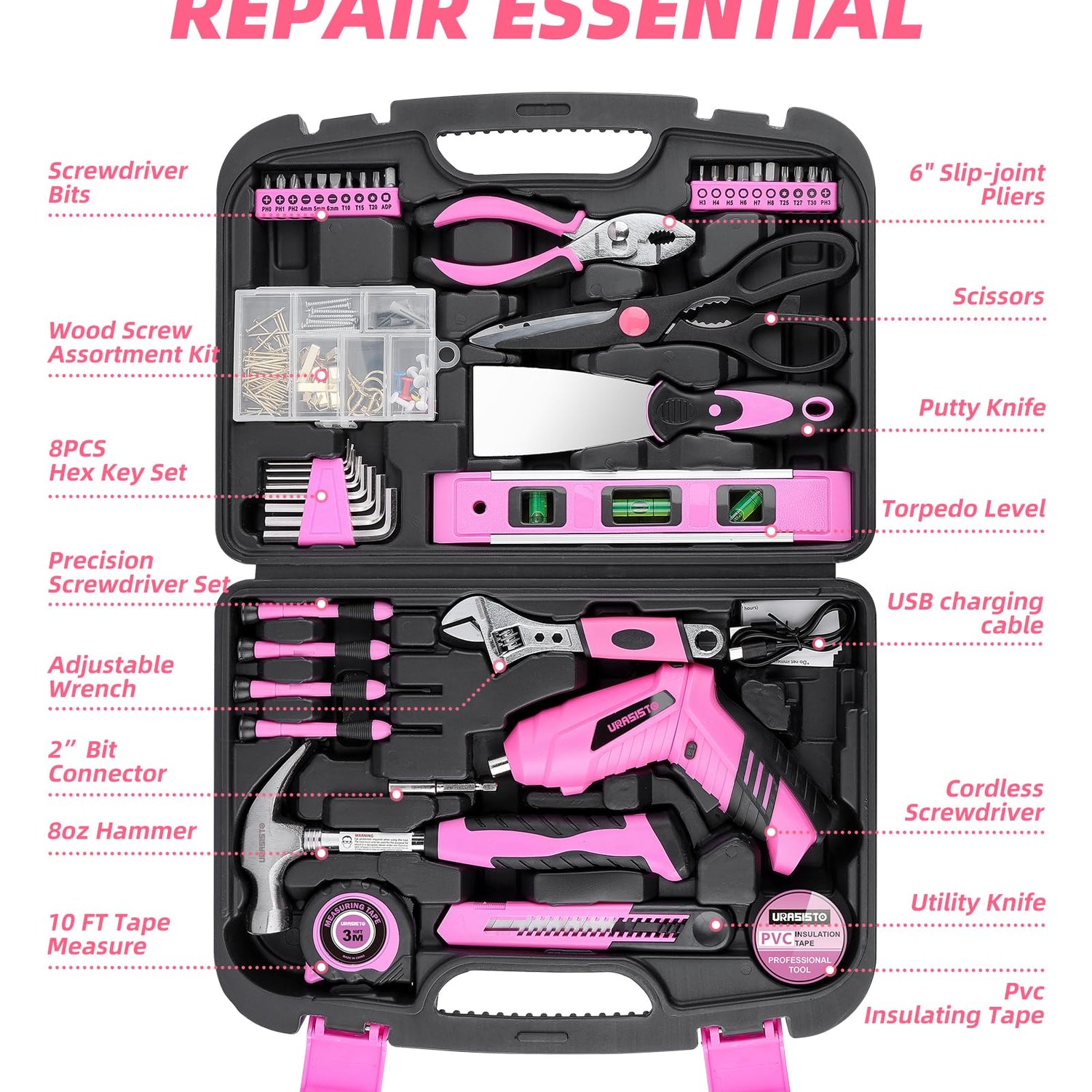 URASISTO Pink Household Tool Set with Drill, 136 PCS Home Tool Kit with 3.6V Cordless Lithium-ion Drill Driver, Hand Tool Kits for Women URASISTO