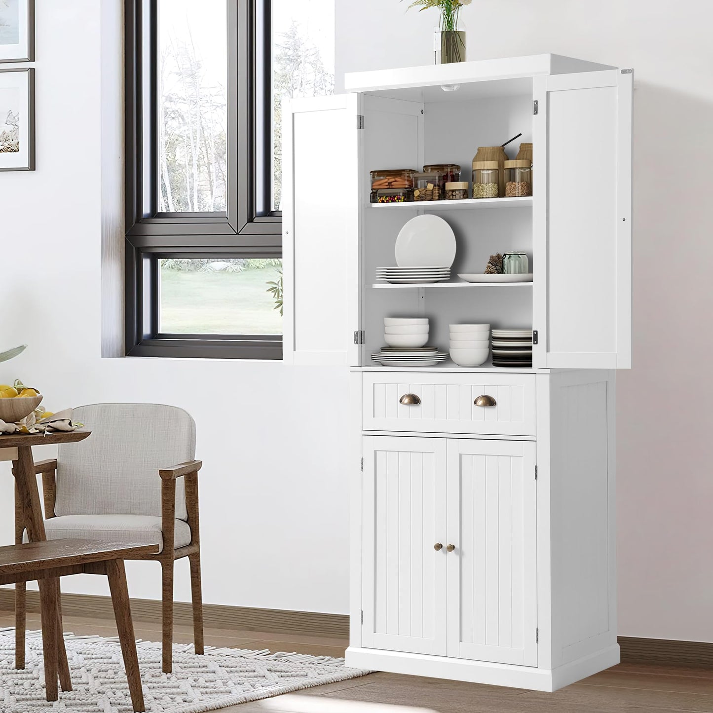 KIGOTY Kitchen Pantry Dining Cabinet Storage Pantry with Drawer and Adjustable Shelves for Living Room,Bathroom or Hallway (White, 72“H)