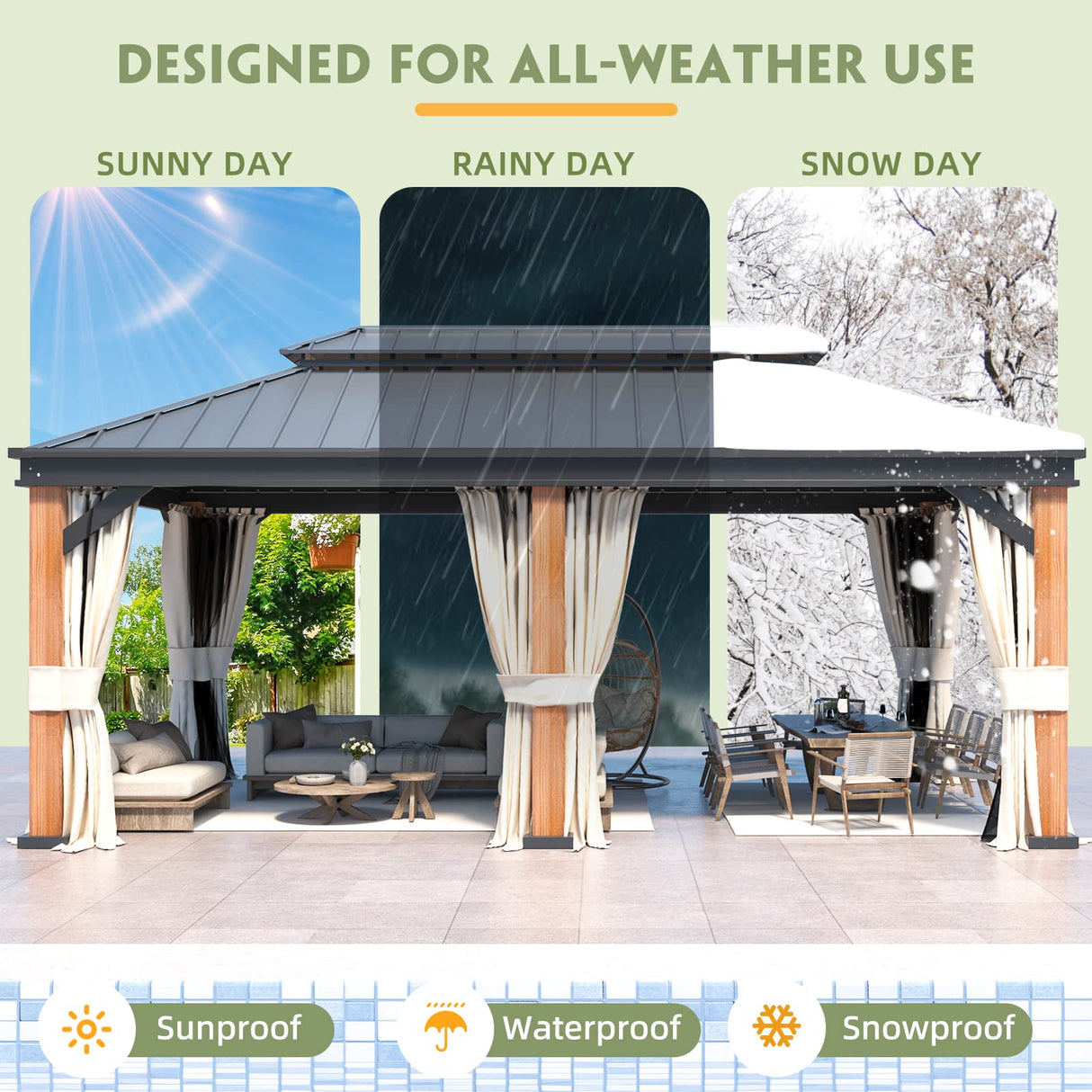MELLCOM Gazebo 12' x 20', Wooden Finish Coated Thicker Aluminum Frame Gazebo with Galvanized Steel Roof, Outdoor Patio Gazebos with Curtains and MELLCOM
