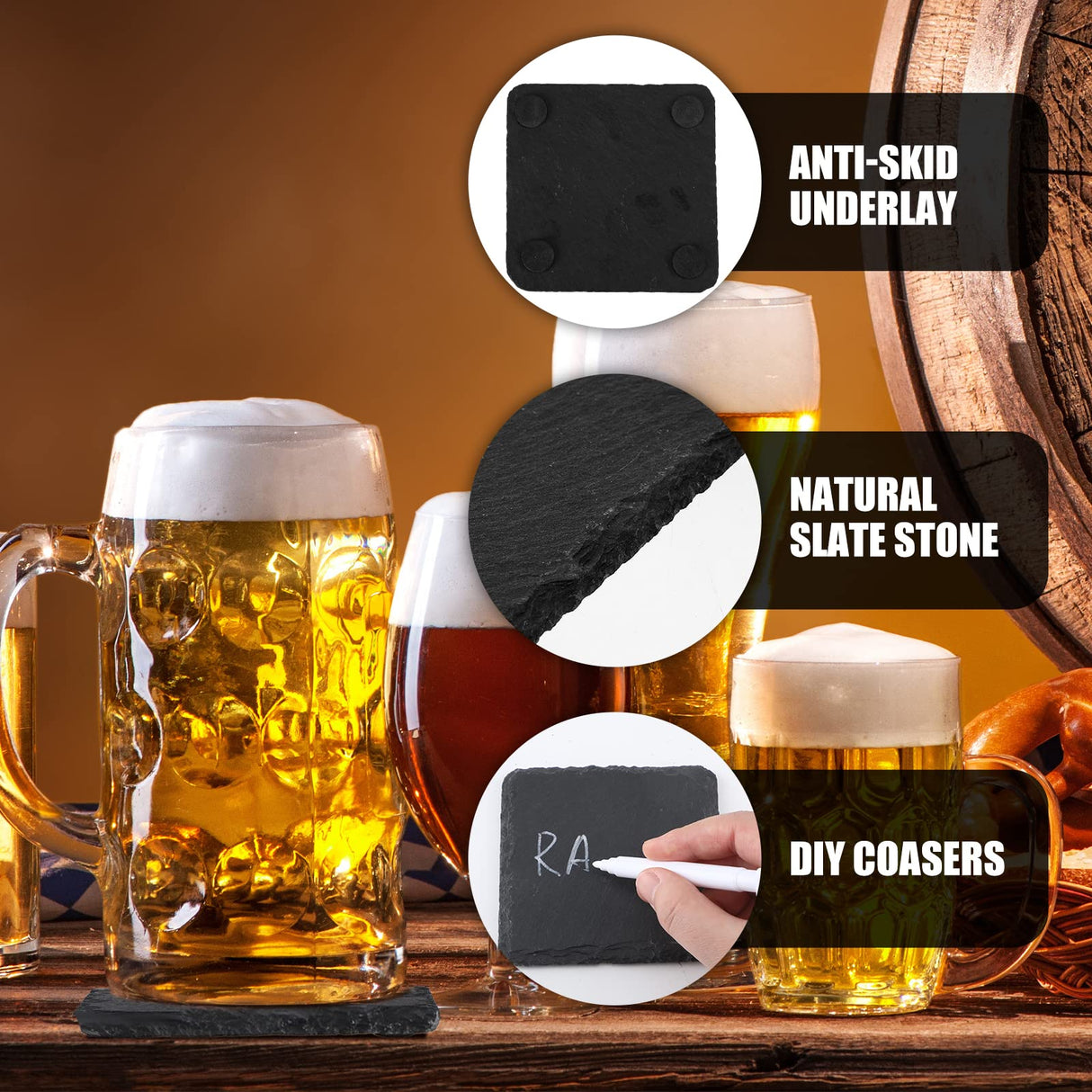 72 Pcs Slate Coasters Bulk 4 x 4 Inch 36 Square Black Stone Coasters 36 Round Drink Coasters Handmade Bar Coasters Natural Edge Cup Coaster with Anti Hoolerry
