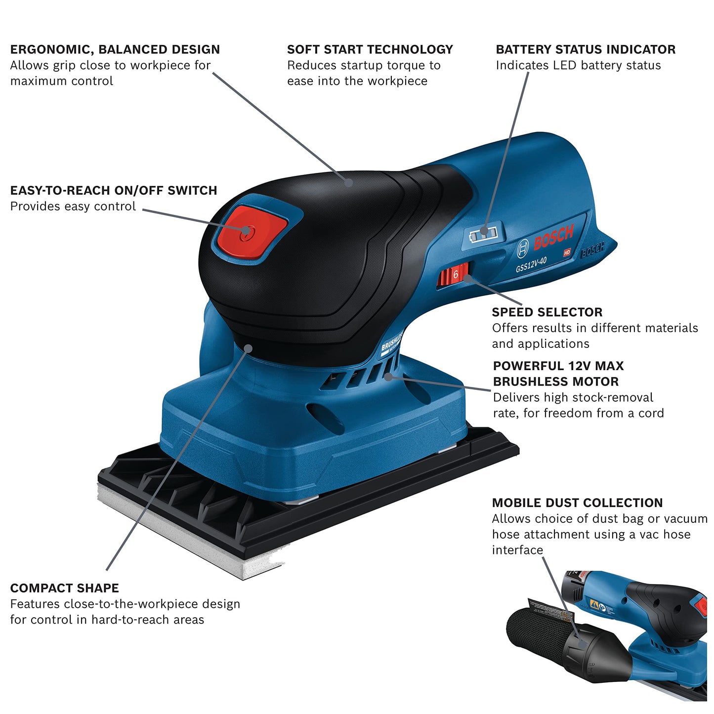 BOSCH GSS12V-40N 12V Max Brushless Sheet Orbital Finishing Sander (Bare Tool) - WoodArtSupply