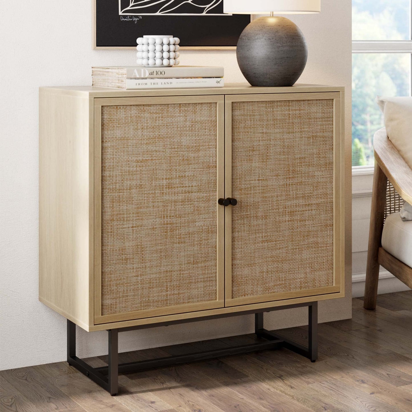 Nathan James Accent Storage Boho Modern Free Standing Buffet Sideboard Cabinet for Hallway, Entryway, Dining Living Room, 1, Light Oak/Black