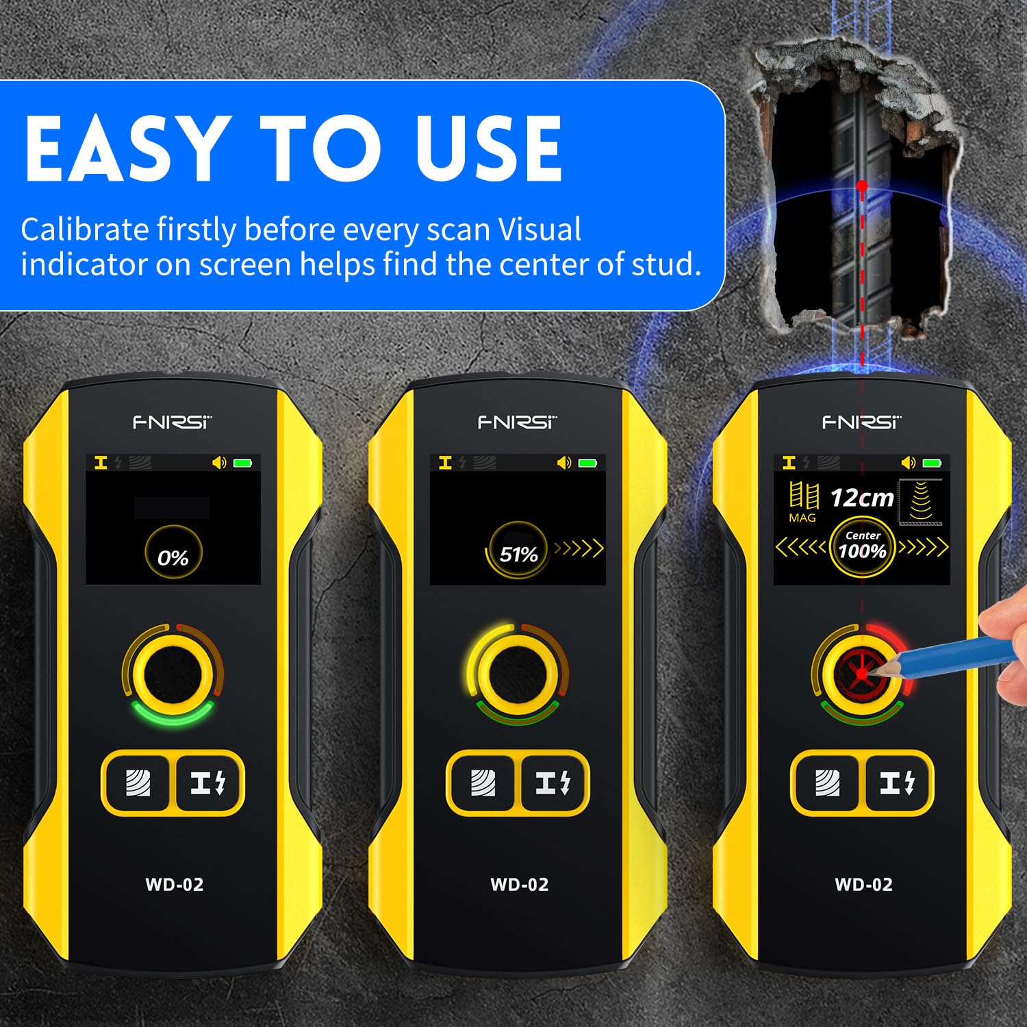 Stud Finder Wall Scanner - FNIRSI Upgraded WD-02 TFT Display Electronic Stud Detector with HPC Chip, Wall Scanner with Positioning Hole for Center - WoodArtSupply