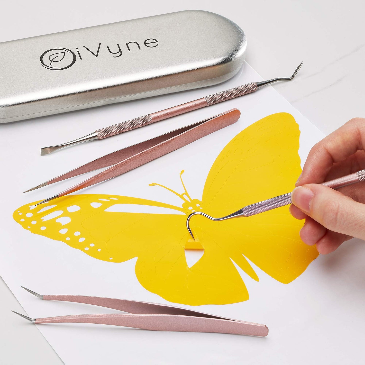 Premium Vinyl Weeding Tool Kit - Precision Stainless Steel Weeder - Hook and Pick with Fine Tweezers Crafting Set for Cricut Vinyl - by iVyne (Rose iVyne