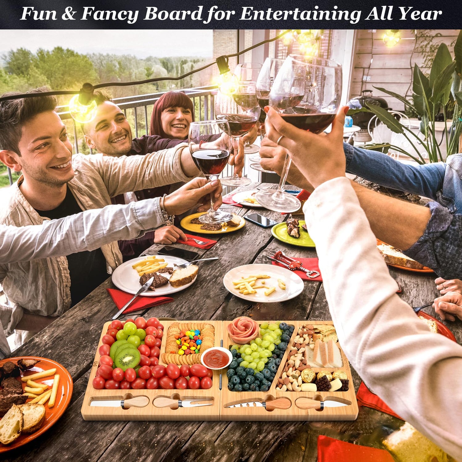 Cheese Board Charcuterie Gift Folding - Bamboo Sturdy Easy to Storage Magnetic Mount Serving Platter with Knife Travel Picnic Cheese Tray Set UTCG