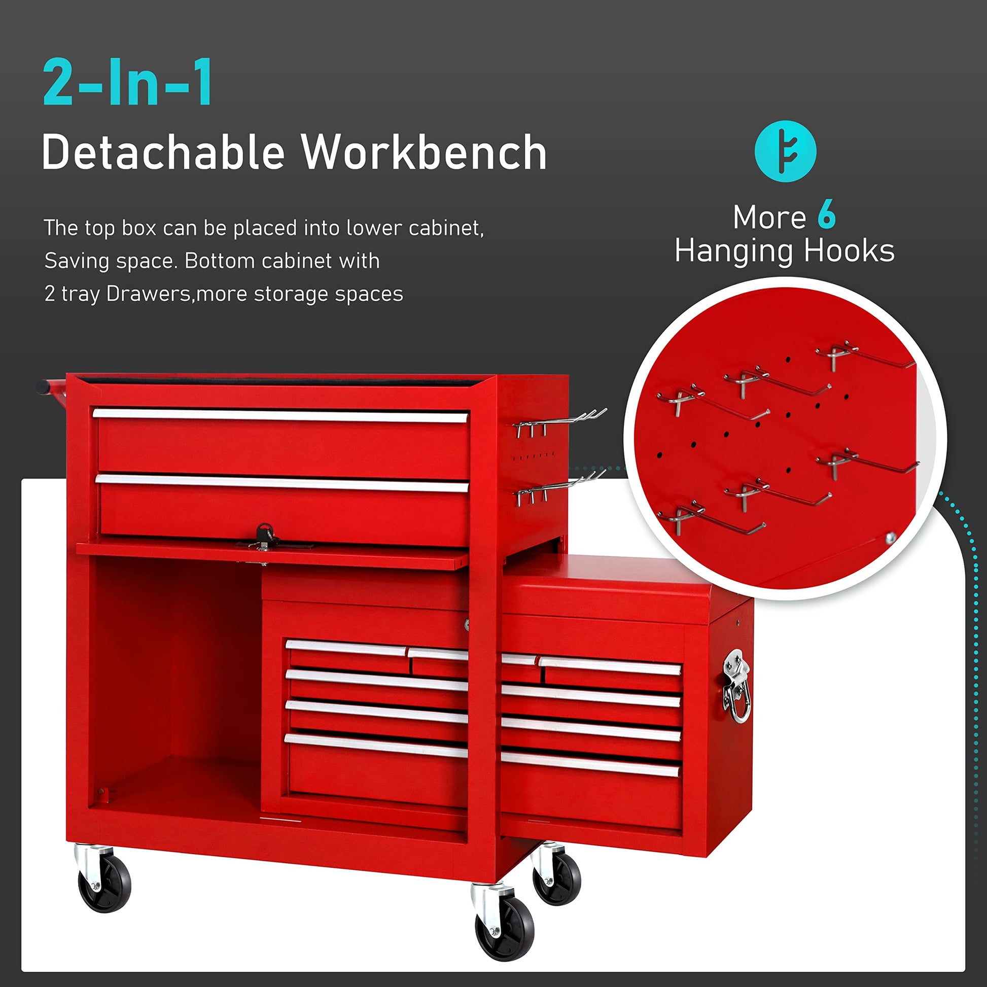 2-in-1 Tool Chest & Cabinet, Large Capacity 8-Drawer Rolling Metal Tool Box Organizer with Wheels Lockable, Red