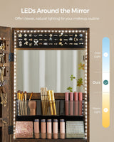 SONGMICS Mirror Jewelry Cabinet Armoire Organizer, Wall/Door Mount Storage Cabinet with Full-Length Frameless Lighted, Built-in Makeup Mirror, 2 SONGMICS