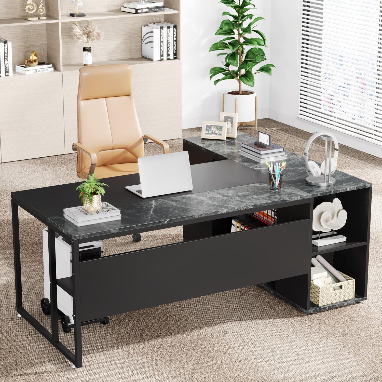 Tribesigns 71 inch Executive Desk, L Shaped Desk with Cabinet Storage, Executive Office Desk with Shelves, Business Furniture Desk Workstation for Tribesigns