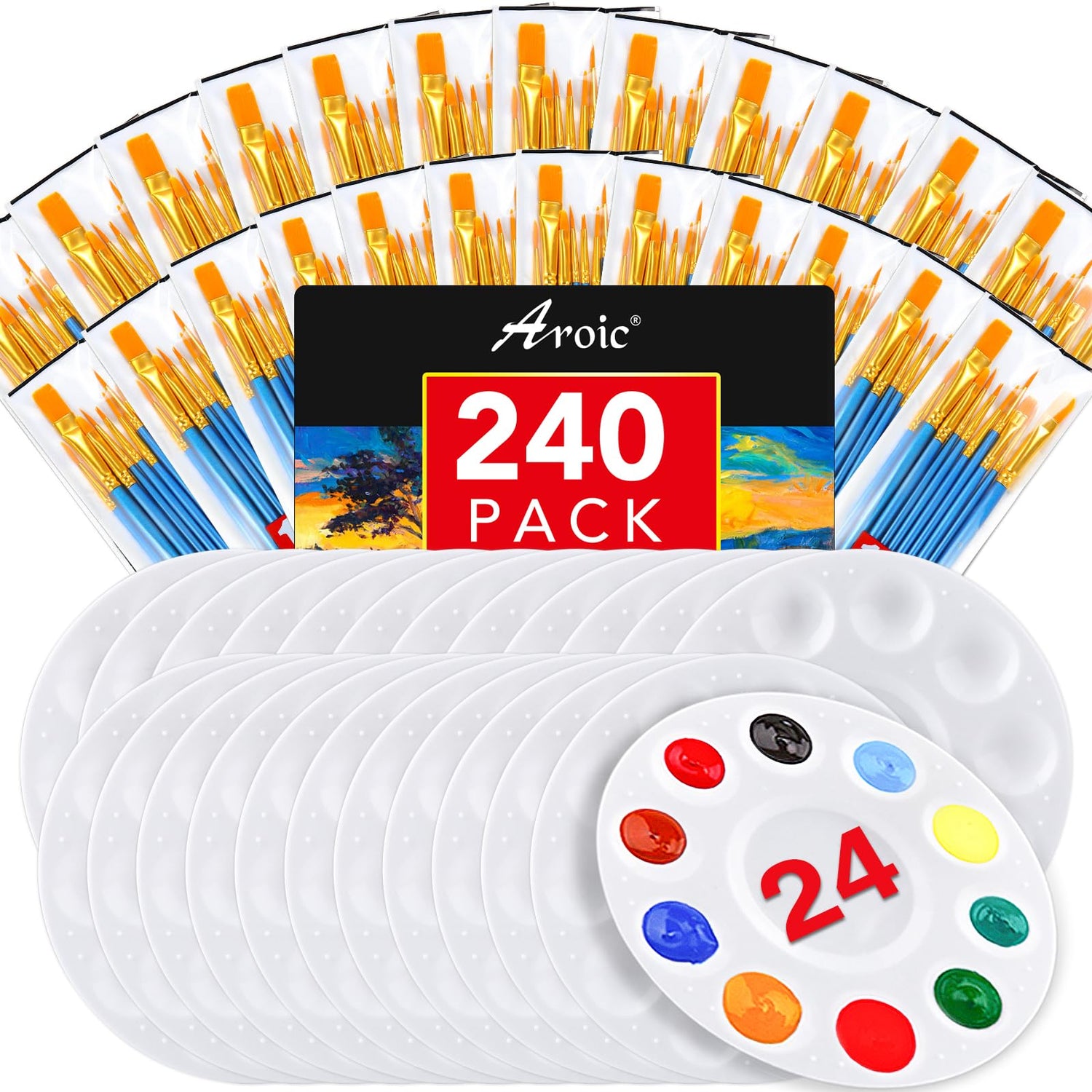 AROIC Paint Brushes Palette Set,24 Pack/240Pcs Acrylic Paint Brushes and 24 Palettes, Professional Artist Brushes, Finger and Face Painting Oil AROIC