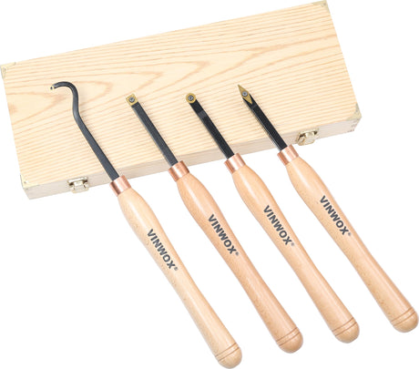 VINWOX Mini 4 PCS Carbide Wood Lathe Turning Tool Set, Carbide Lathe Turning Tool, Carbide Turning Tool, Including Swan Neck Hollower, Rougher, VINWOX