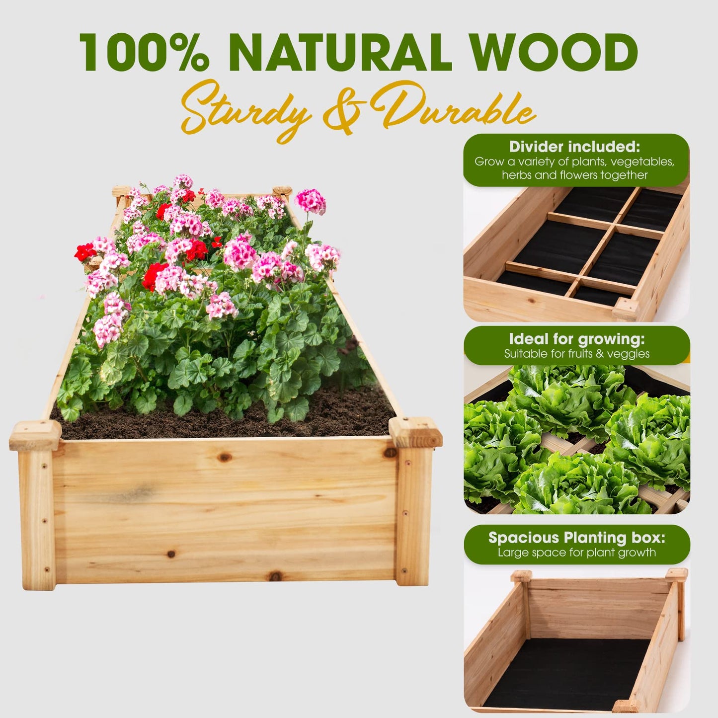 Idzo Raised Garden Bed, Durable Garden Box with Wax Oil Coated, 96 Inches Wood Planter with Non-Woven Lining Prevents Soil Moist, One Divider Box - WoodArtSupply