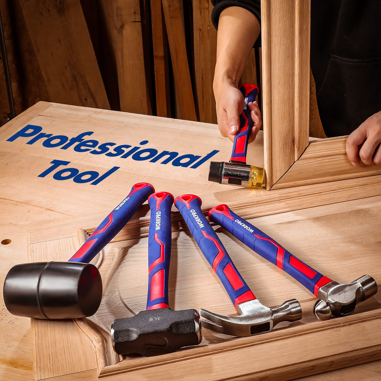 WORKPRO 5-Piece Hammer Set, Forged & Polished Steel Head, Fiberglass Handle, 32oz Rubber Mallet | 16oz Claw Hammer | 3lb Sledge Hammer | 16oz Ball WORKPRO