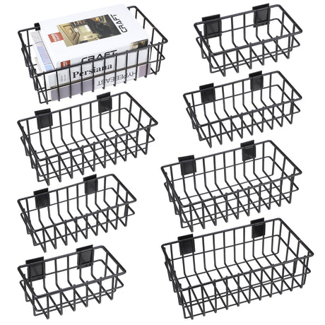 Hicarer 8 Pcs Slatwall Basket Set, 4 Size Metal Ventilated Slatwall Baskets Hanging Storage Baskets for Slatwall, Mounted Hanging Slatwall Hicarer