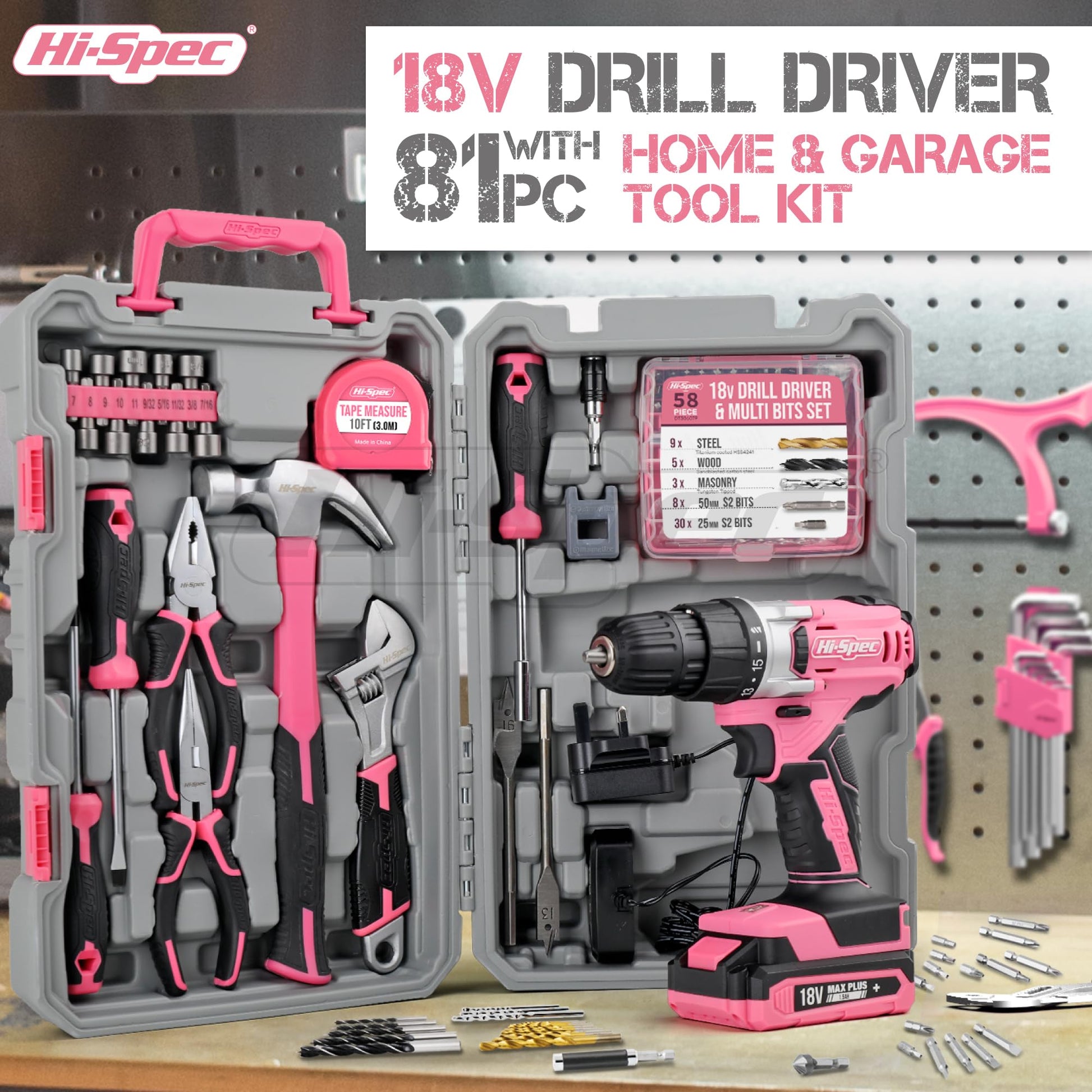 Hi-Spec 81pc Pink 18V Cordless Power Drill Driver. Complete Home & Garage Hand Tool Kit Set for DIY - WoodArtSupply