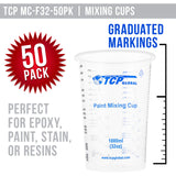TCP Global 32 Ounce (1000ml) Disposable Flexible Clear Graduated Plastic Mixing Cups - Box of 50 Cups - Use for Paint, Resin, Epoxy, Art, Kitchen, TCP Global
