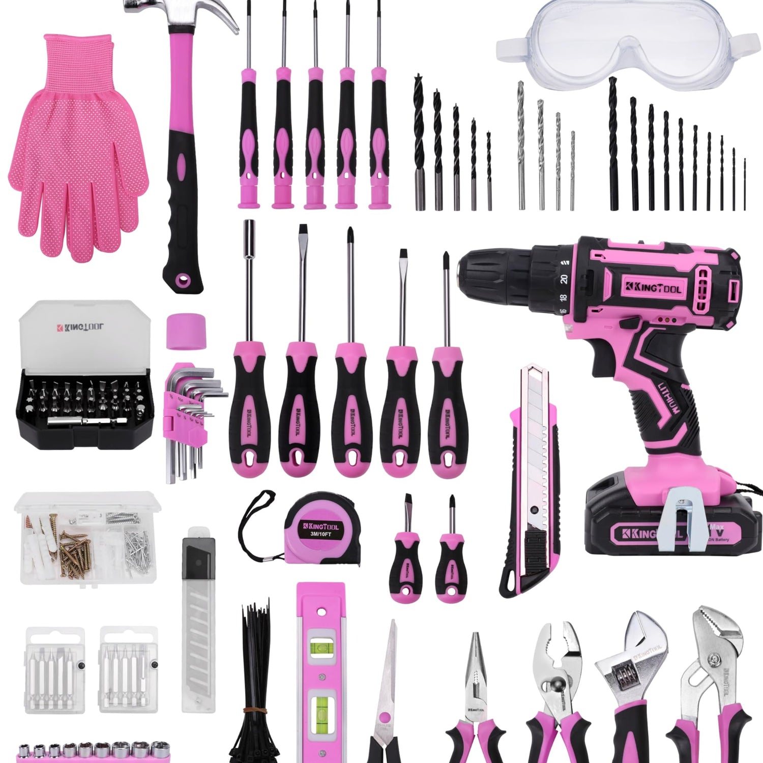 KingTool 267-Piece Tool Kit Set - Pink Tool Set with 21V Crodless Pink Power Drill Driver, Tool kit for Women with Pink Tool Storage Bag, Womens Tool KINGTOOL