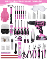KingTool 267-Piece Tool Kit Set - Pink Tool Set with 21V Crodless Pink Power Drill Driver, Tool kit for Women with Pink Tool Storage Bag, Womens Tool KINGTOOL