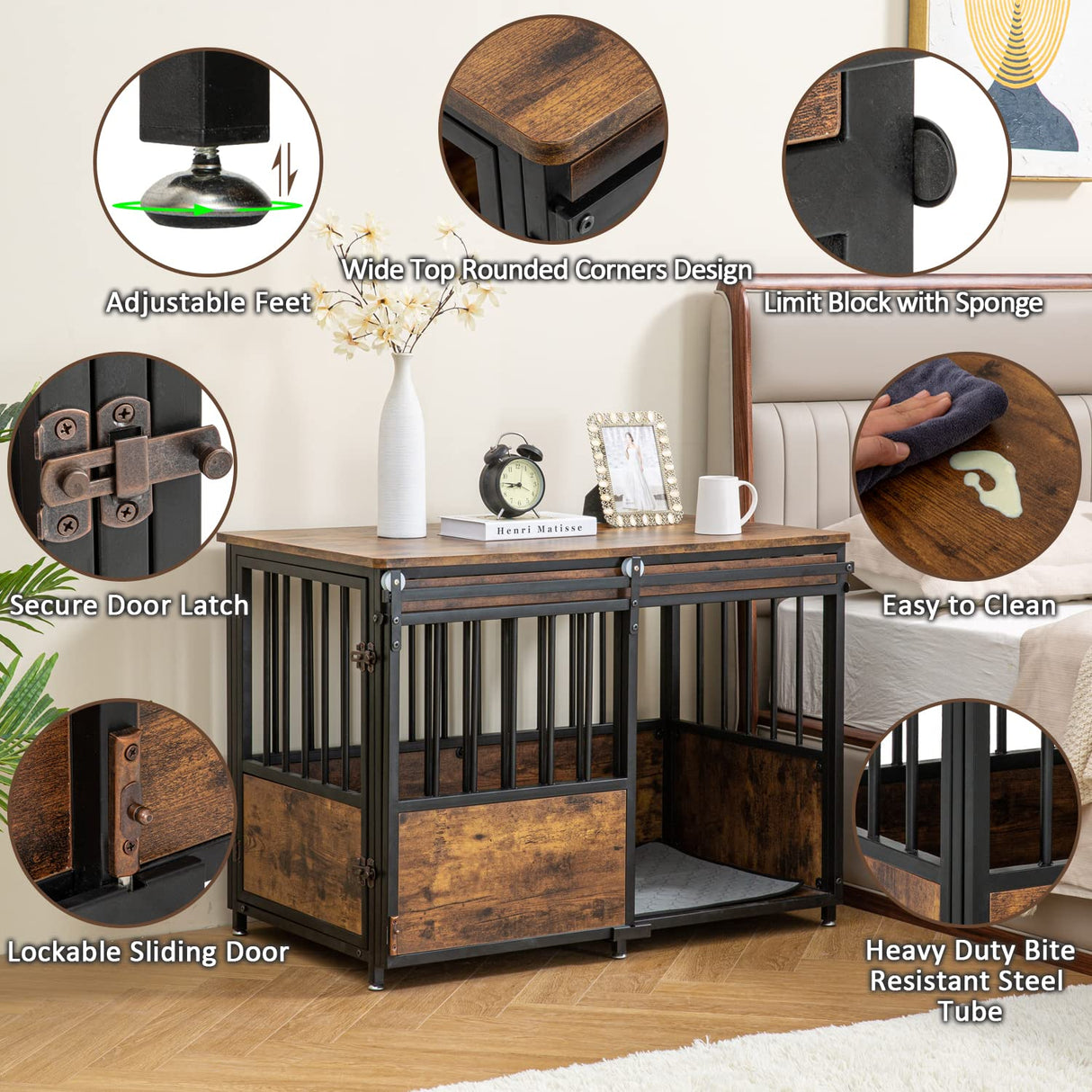 KOOPRO 40 Inch Dog Crate Furniture with Cushion for Large Medium Dogs, Wooden Heavy Duty Dog Kennel with Double Doors, Decorative Pet House Dog Cage KOOPRO