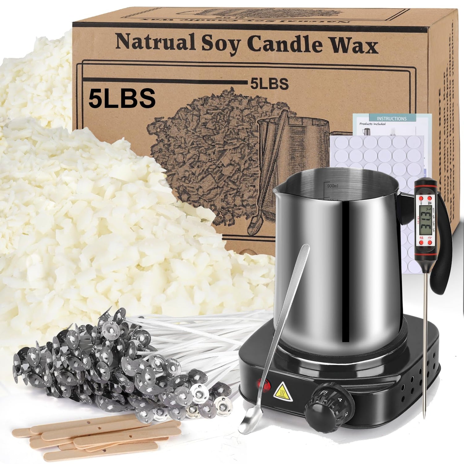 Soy Wax Candle Making Kit Supplies With Wax Melter, Natural Candle Wax For Candle Making, DIY Art&Crafts Kit for Adults,Beginner, Including 5lbs Soy Haccah