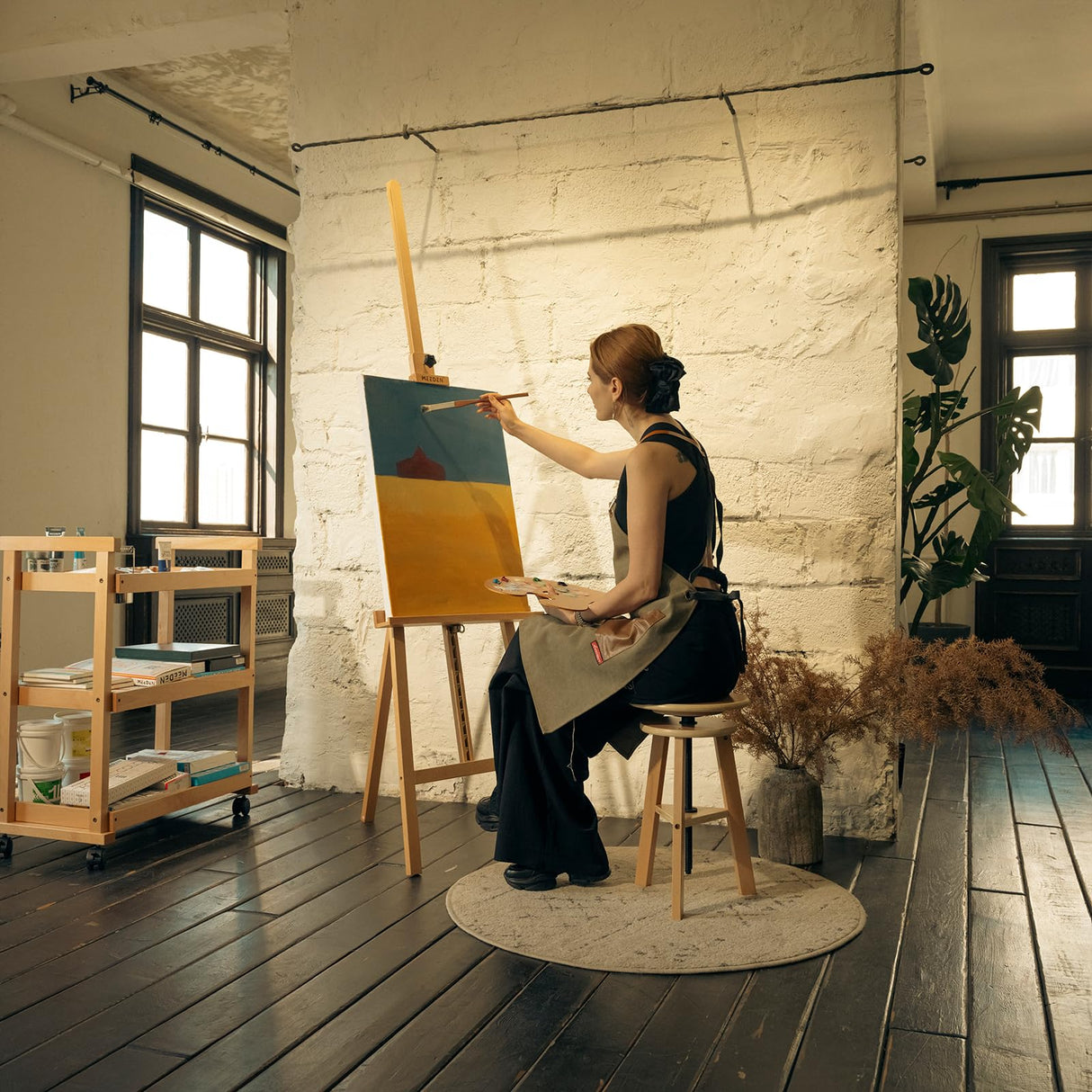 MEEDEN Large Basic Studio Easel, Solid Beech Wood Artist Easel,A-Frame Floor Painting Easel,Adjustable Height and Working Angles, Hold Canvas up to MEEDEN