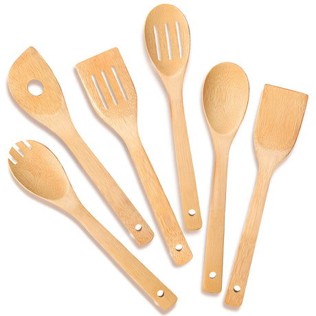 IOOLEEM Cooking wooden Utensil Set (6, Natural Bamboo) spoons, spatula set IOOLEEM