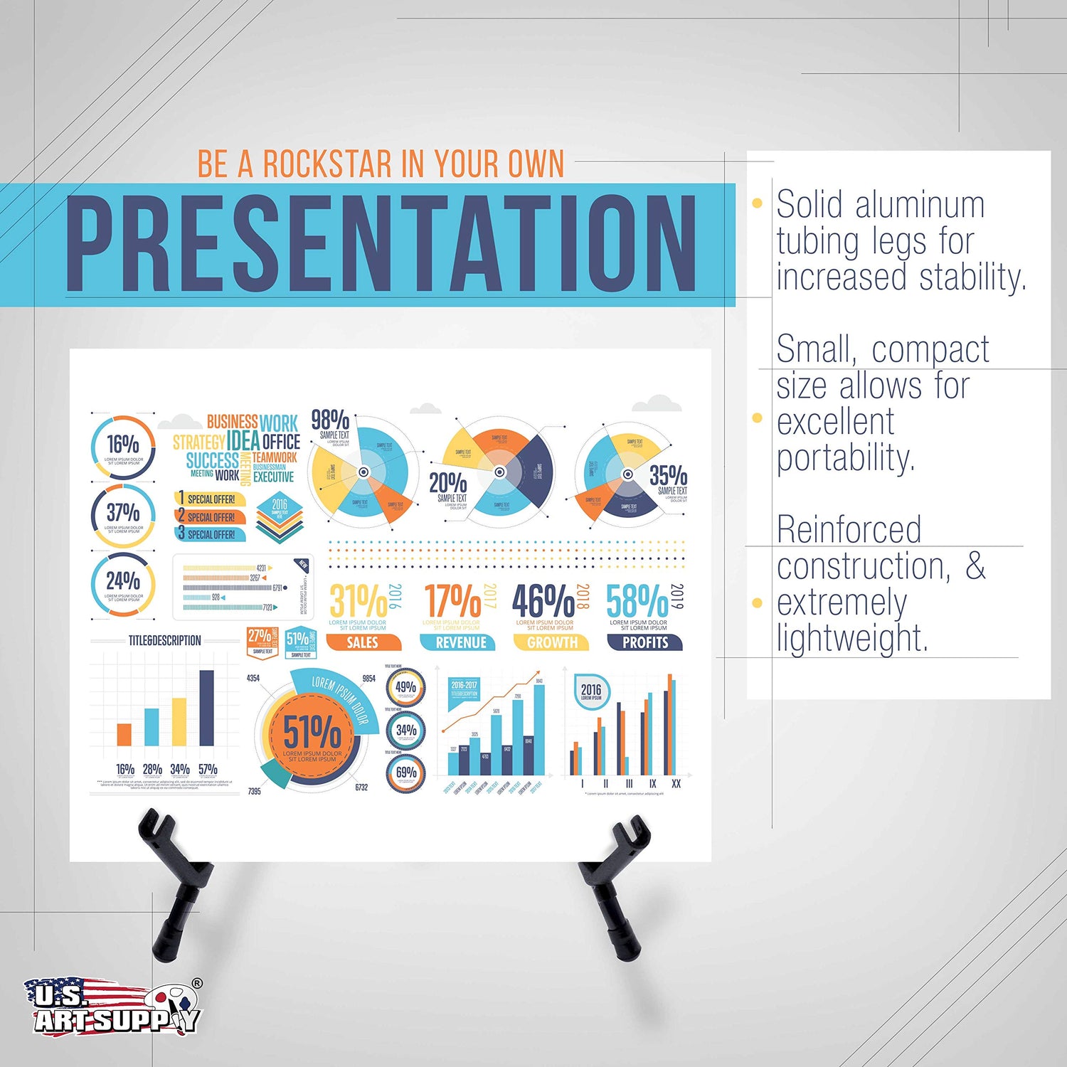 U.S. Art Supply 14" High Exhibitor Black Steel Tabletop Instant Display Easel - Small Portable Tripod Stand, Adjustable Holders - Display Paintings, US Art Supply