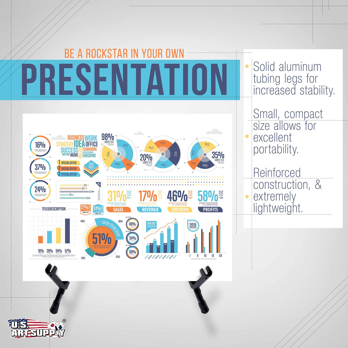 U.S. Art Supply 14" High Exhibitor Black Steel Tabletop Instant Display Easel - Small Portable Tripod Stand, Adjustable Holders - Display Paintings, US Art Supply