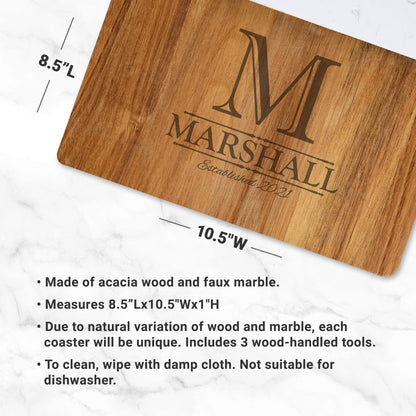 Let's Make Memories Personalized Monogram Marble Wood Cheese Board - Custom Charcuterie Platter - Home Entertaining - Customize with Initial & Name - WoodArtSupply