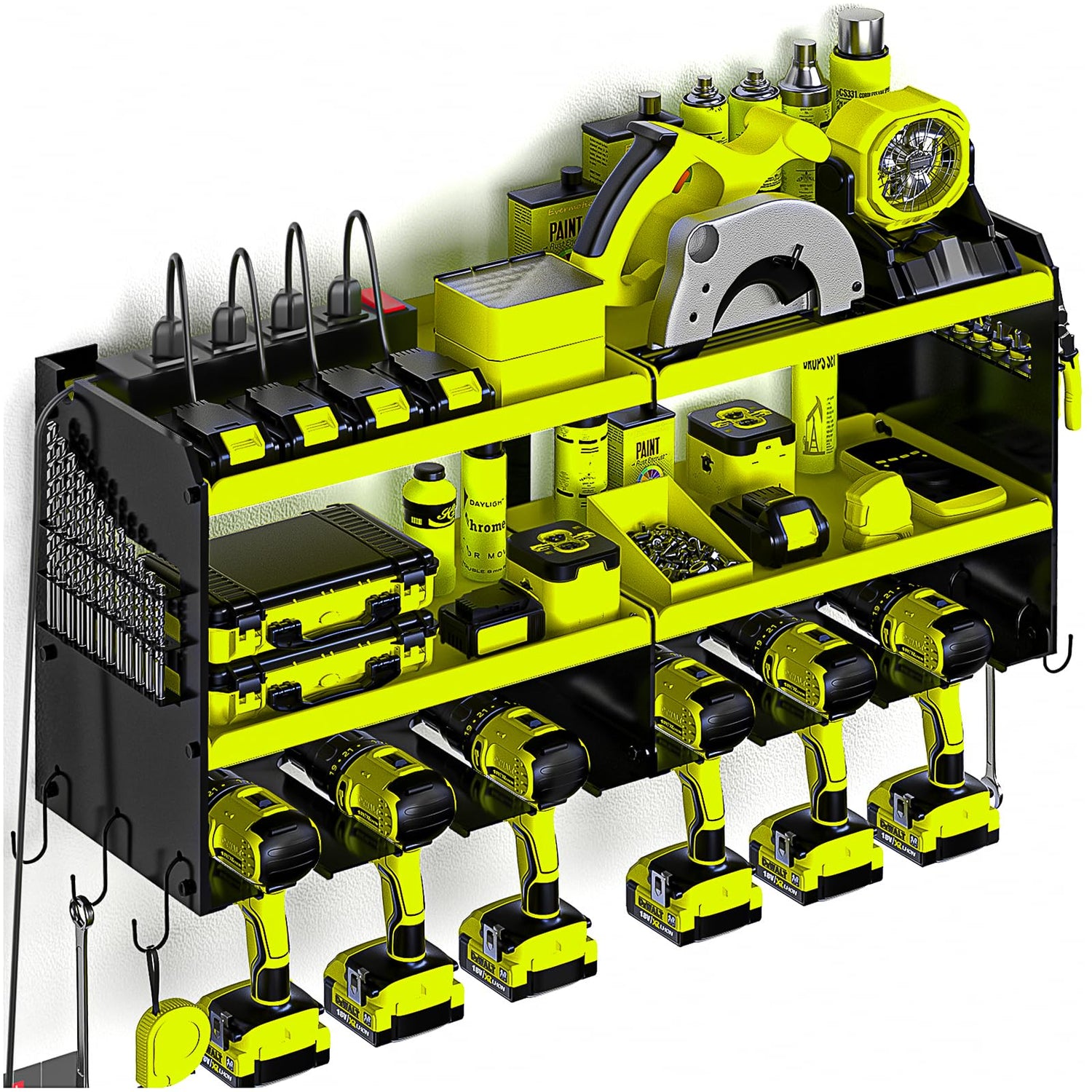 Spampur Power Tool Organizer Wall Mount with Charging Station, Tool Shelf 6 Drill Holders, Heavy Duty Metal Premium Garage Utility Rack, Cordless Spampur