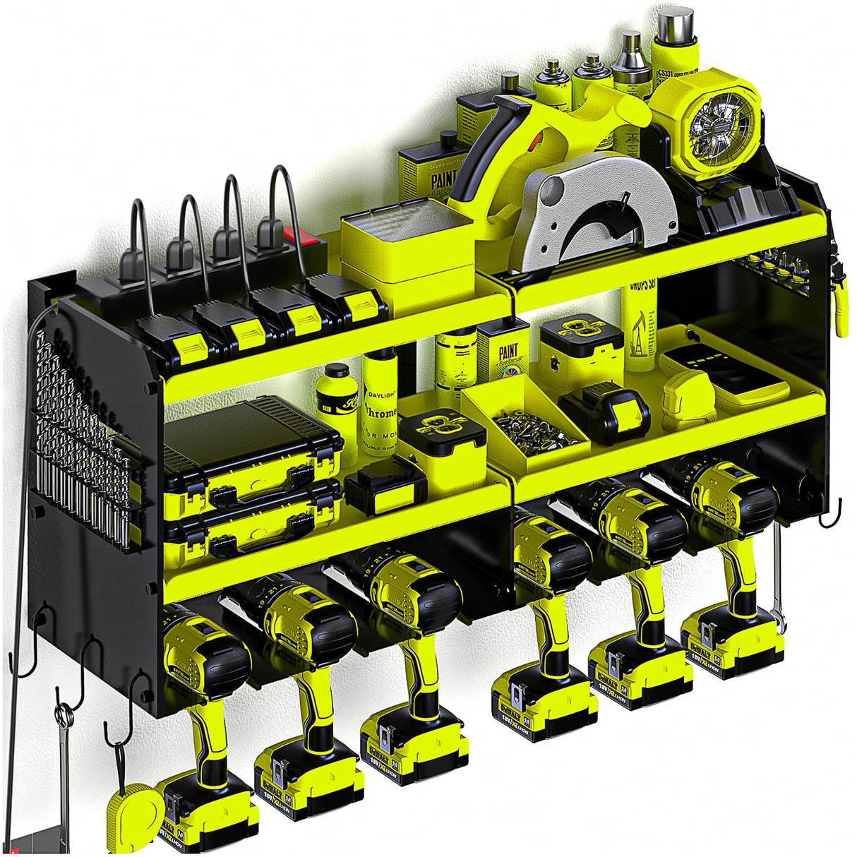 Spampur Power Tool Organizer Wall Mount with Charging Station, Tool Shelf 6 Drill Holders, Heavy Duty Metal Premium Garage Utility Rack, Cordless Spampur