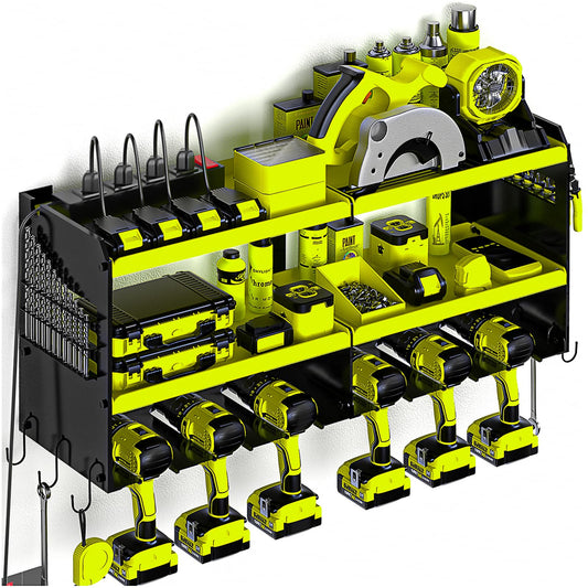 Spampur Power Tool Organizer Wall Mount with Charging Station, Tool Shelf 6 Drill Holders, Heavy Duty Metal Premium Garage Utility Rack, Cordless - WoodArtSupply