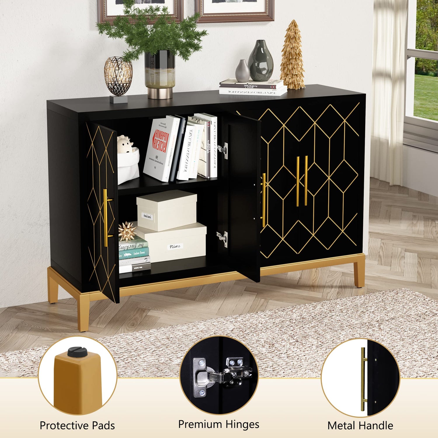 HLR Accent Cabinet with 4 Doors&Shelves, Sideboard Buffet Cabinet with Gold Trim, Modern Black Storage Cabinet for Living Room, Entryway, Kitchen, HLR