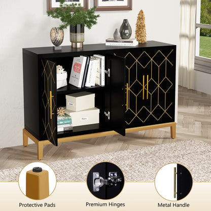 HLR Accent Cabinet with 4 Doors&Shelves, Sideboard Buffet Cabinet with Gold Trim, Modern Black Storage Cabinet for Living Room, Entryway, Kitchen, - WoodArtSupply