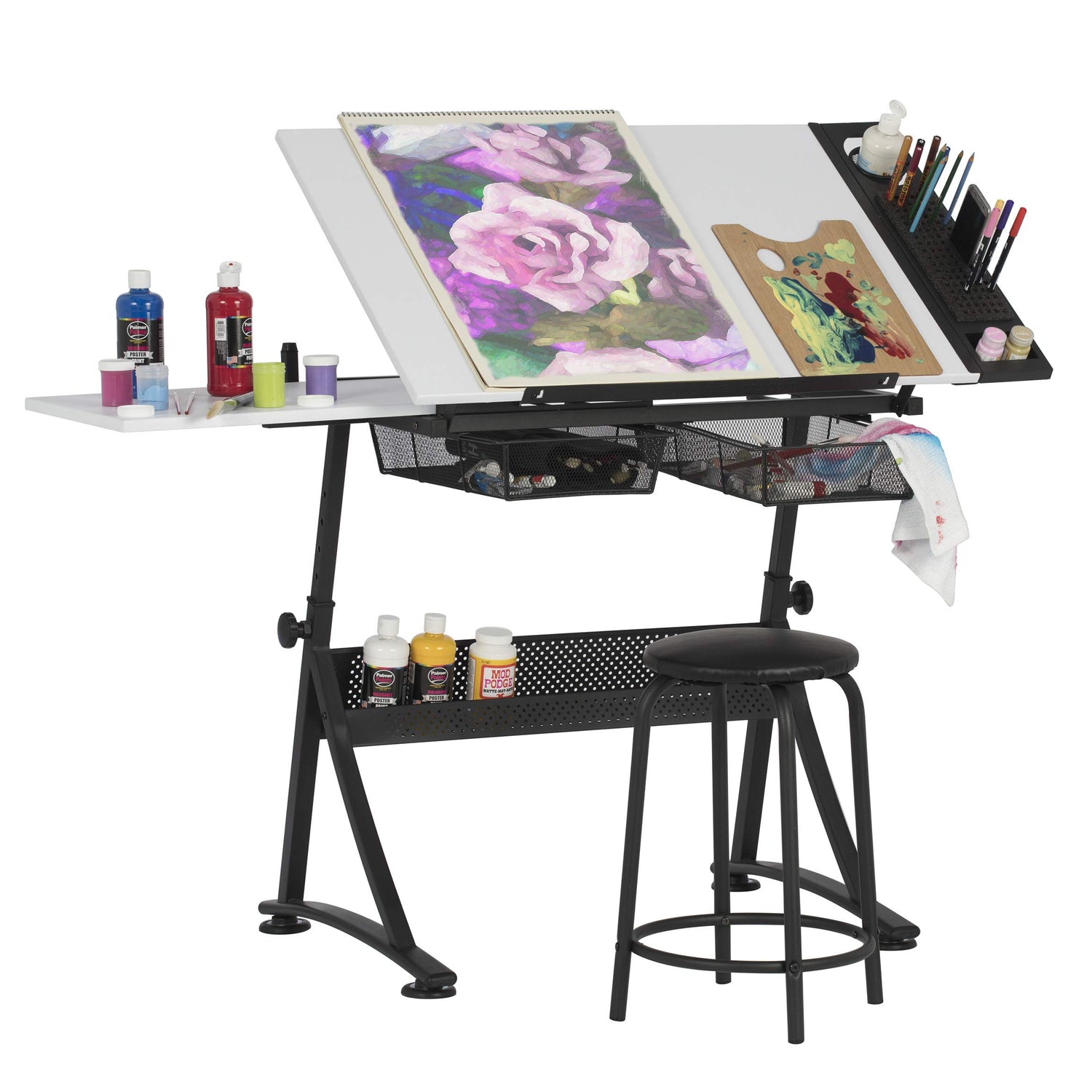 47" W Fusion Craft Center with 24" Supply Tray, 60 Degree Angle Adjustable Top and Height Adjustable from 27.75" – 35.5" when Flat, Stool and SD STUDIO DESIGNS