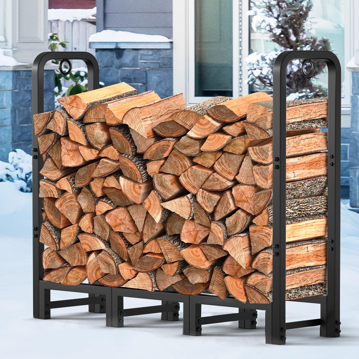AMAGABELI GARDEN & HOME 4ft Firewood Log Rack Outdoor Indoor Heavy Duty Wrought Iron Fire Wood Holder Outdoors Stand Tubular Wood Pile Lumber Storage AMAGABELI GARDEN & HOME
