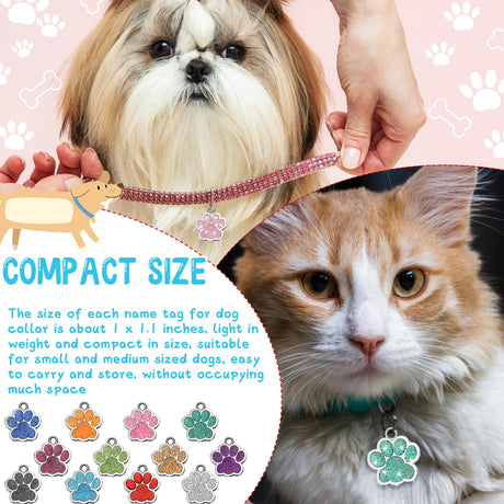 Abbylike 60 Pcs Personalized Dog Tags Blank Pet ID Tags Custom Glitter Paw Pet Tag Cute Metal Cat Name Tag Small DIY Engraved Puppy Name Tag for Dogs Abbylike
