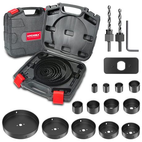 Hole Saw Set HYCHIKA 19 Pcs Hole Saw Kit with 3/4"-6"(19-152mm) 13Pcs Saw Blades, 2 Mandrels, 2 Drill Bits, 1 Installation Plate, 1 Hex Key, Ideal HYCHIKA BETTER TOOLS FOR BETTER LIFE